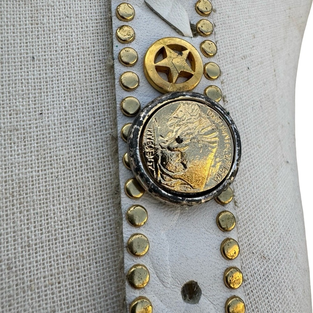 Lily Farouche Munich Vintage White Leather Studded Buffalo Nickel Western Belt - Picture 5 of 13